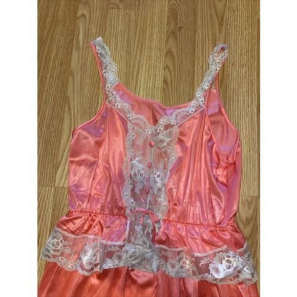 Vintage TEXSHEEN Lingerie Long Pink Chiffon Lace Lounge Gown & Robe Peignoir - Picture 3 of 11